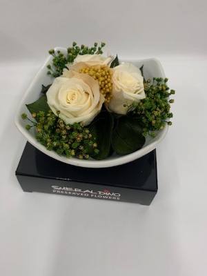 Preserved 3 White Roses in a Ceramic Dish